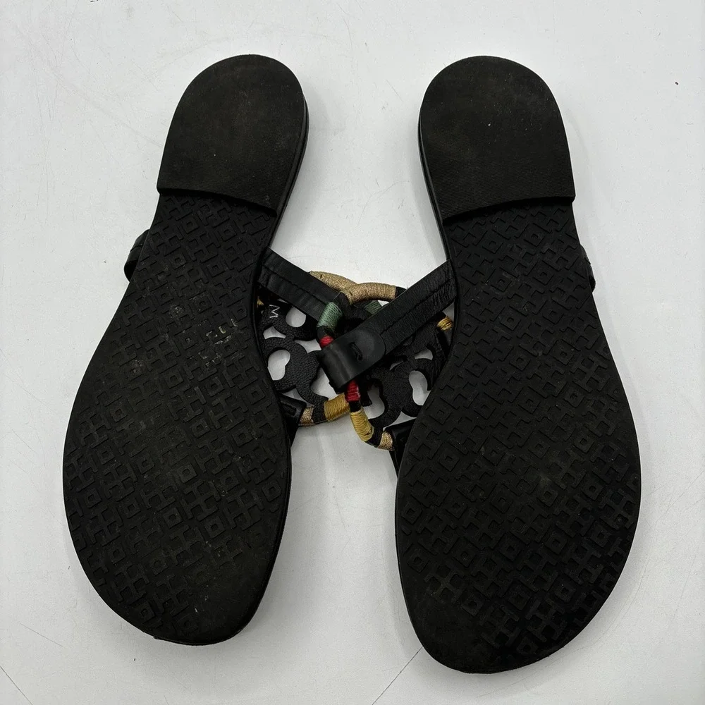 Tory Burch Miller Flats Women's 7 Black Thong Embroidered Colorful Logo Sandals